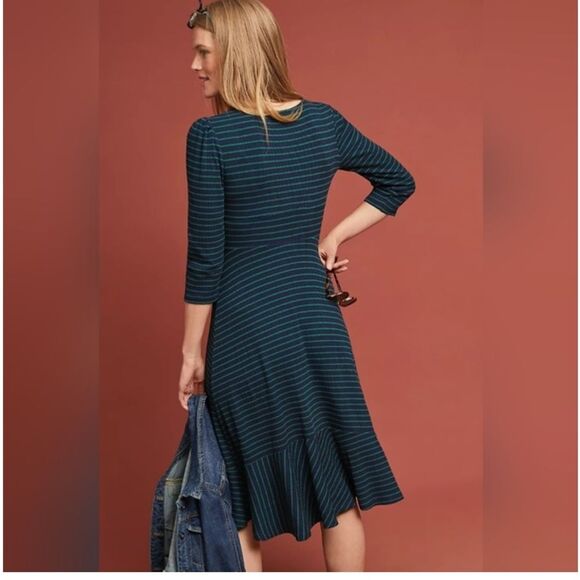 ANTHROPOLOGIE MAEVE Flores Blue Green Ribbed Striped Midi Dress Medium - Picture 2 of 15